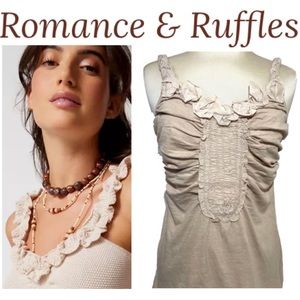 Vintage Y2K Babydoll Ruffled Top Silk Floral Embellished Neutral Beige Sz Medium